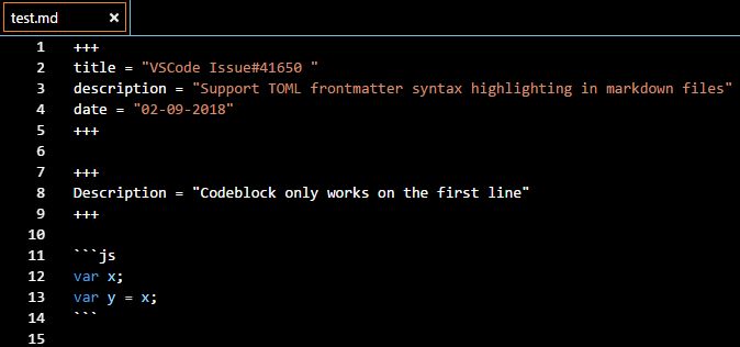TOML Front Matter Codeblock in Markdown file